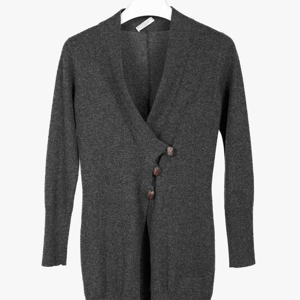 Brunello Cucinelli Grey Cashmere Buttoned V-Neck Cardigan